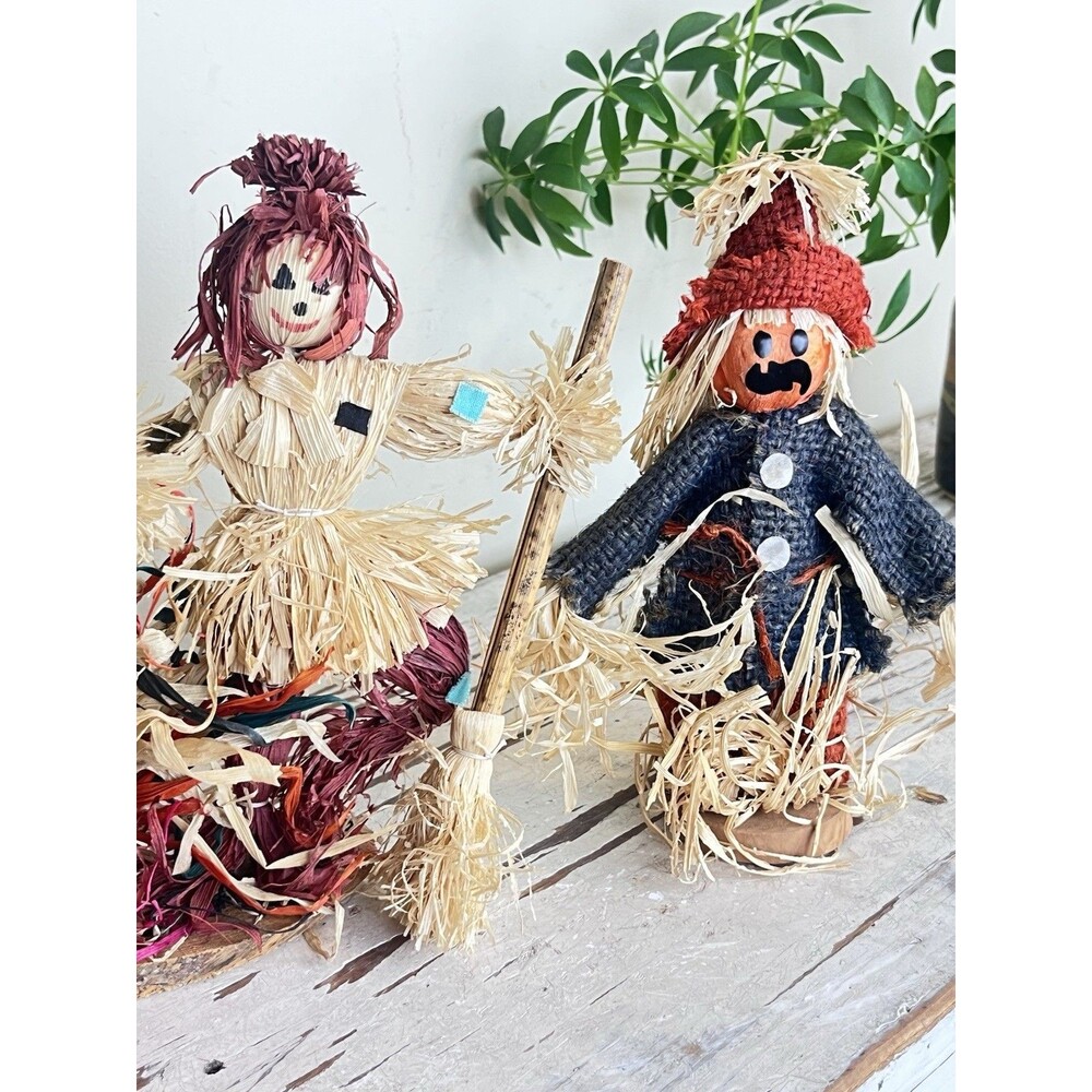 Vintage 1980’s Straw Corn Husk Halloween Scarecrows Girl Boy Set / Retro Holiday